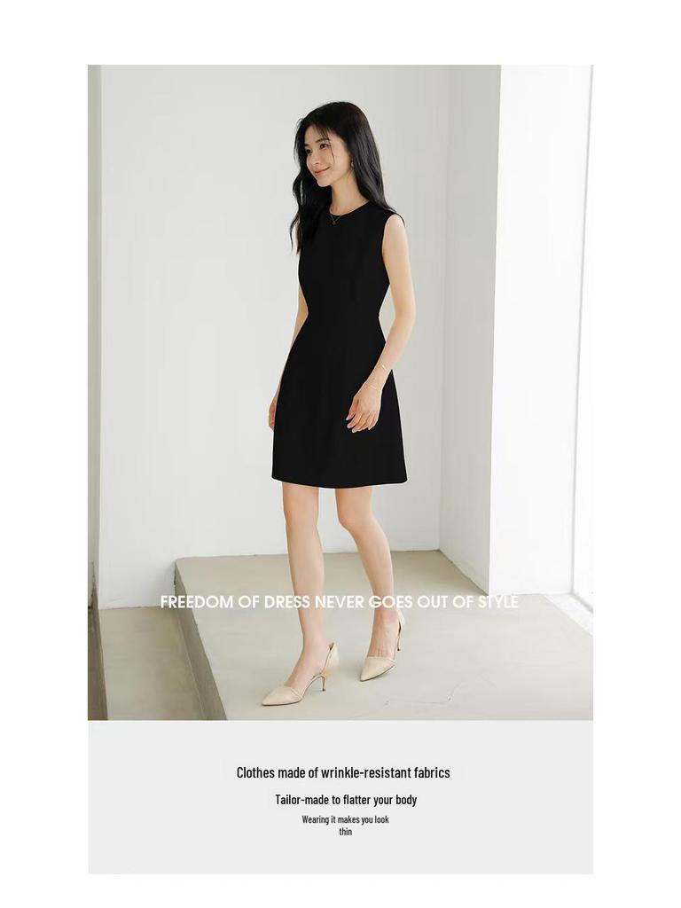 Pure Color Sleeveless A-Line Dress - High-End, Slim Waist, Round Neck Vest Style