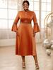 Brown Satin Dresses Women Mock Neck Long Flare Sleeve Empire A Lline Evening Cocktail Party Midi Dress