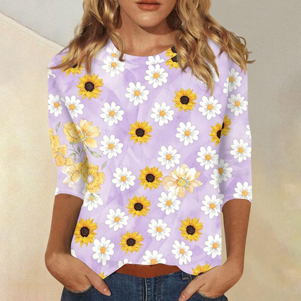 Women Casual Floral Print Three Quarter Sleeve Round Neck Blouse Lightweight Soft Fabric Comfortable Fit Top for Everyday Wear