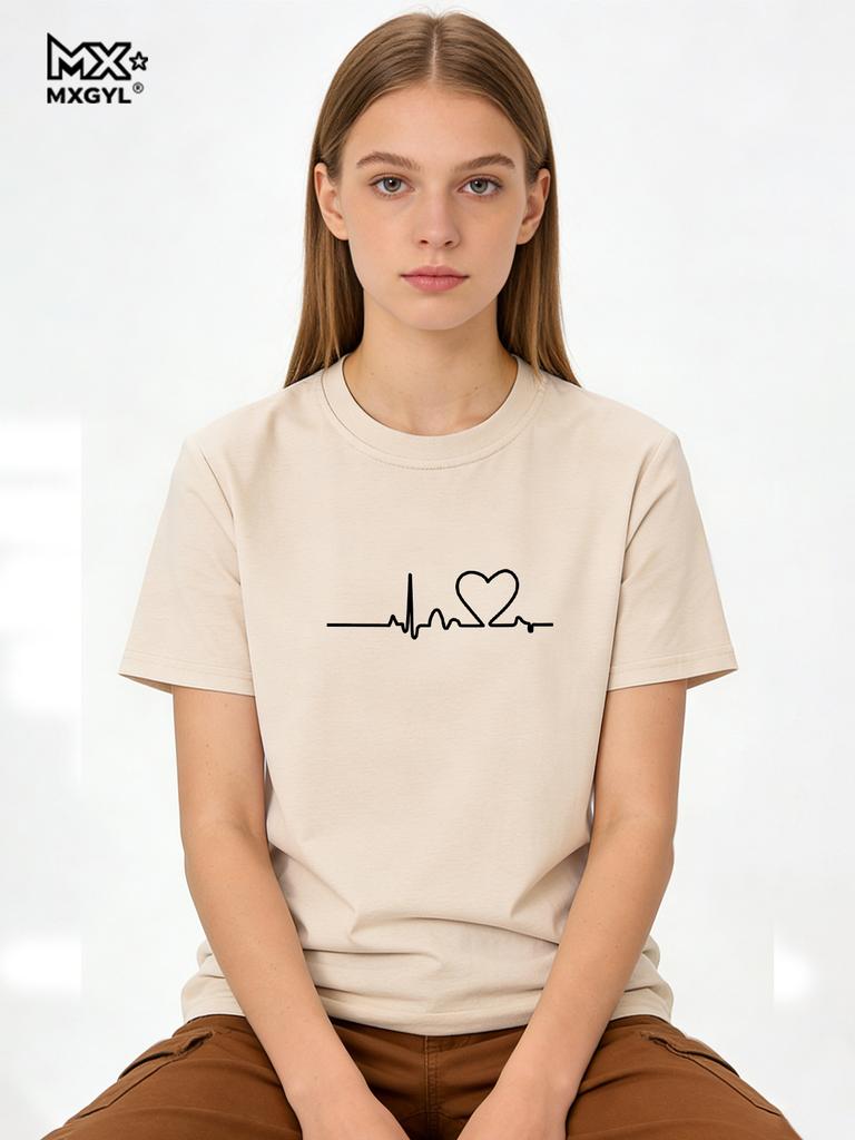 2026 Women's Love Heart Print T-Shirt, Plus Size, Electrocardiogram, Funny Woman Tee Tops, Casual Female T-shirts, Summer