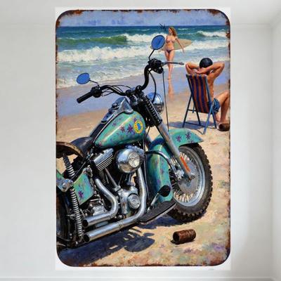 Segno Metallico Vintage in Latta Turchese per Moto con Decalcomanie Viola Stella Marina, Onde dell'Oceano Sabbioso, Donna in Bikini Tavola da Surf Uomo Chai