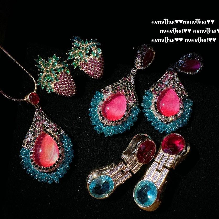 Sotheby'S Peacock Tourmaline Teardrop Jewel Earrings, Antique, 18K Gold Plated, Carmine Strawberry Zircon Earrings