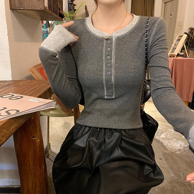 Vintage front shoulder long-sleeved T-shirt women's spring contrasting colors single-breasted slim-fit Spice girl inner top base