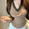 V-neck Lace Patchwork Long Sleeved Top for Women's Autumn Slimming and Versatile Base Shirt