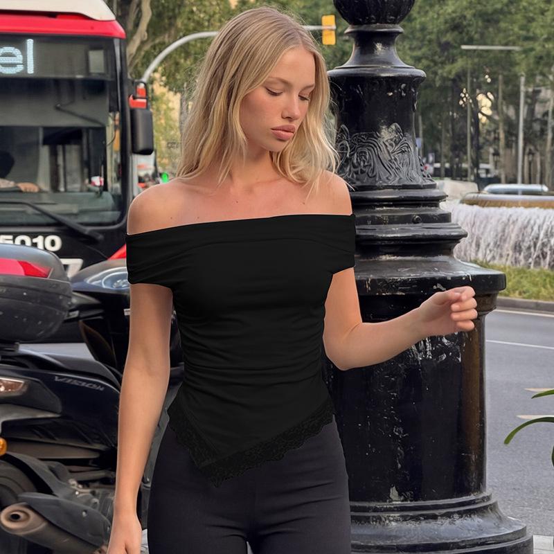 Women's summer new sexy babes one-word shoulder lace solid color T-shirt top wholesale