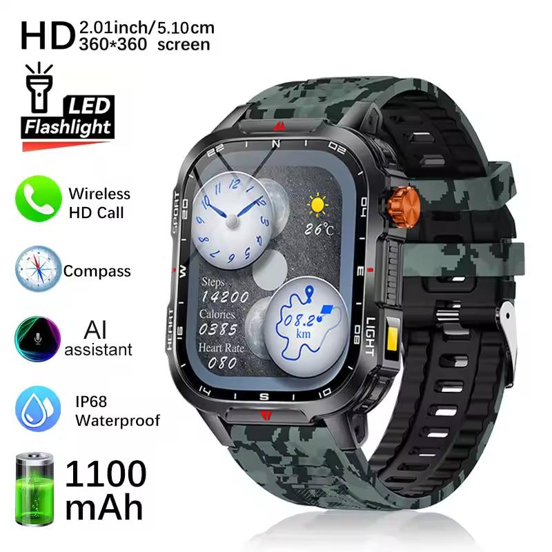2025 New Men's Smart Watch Bluetooth Call 1100mAh Large Battery 60 days standby time 2.01 inch Screen IP68 Waterproof Motion Tracker