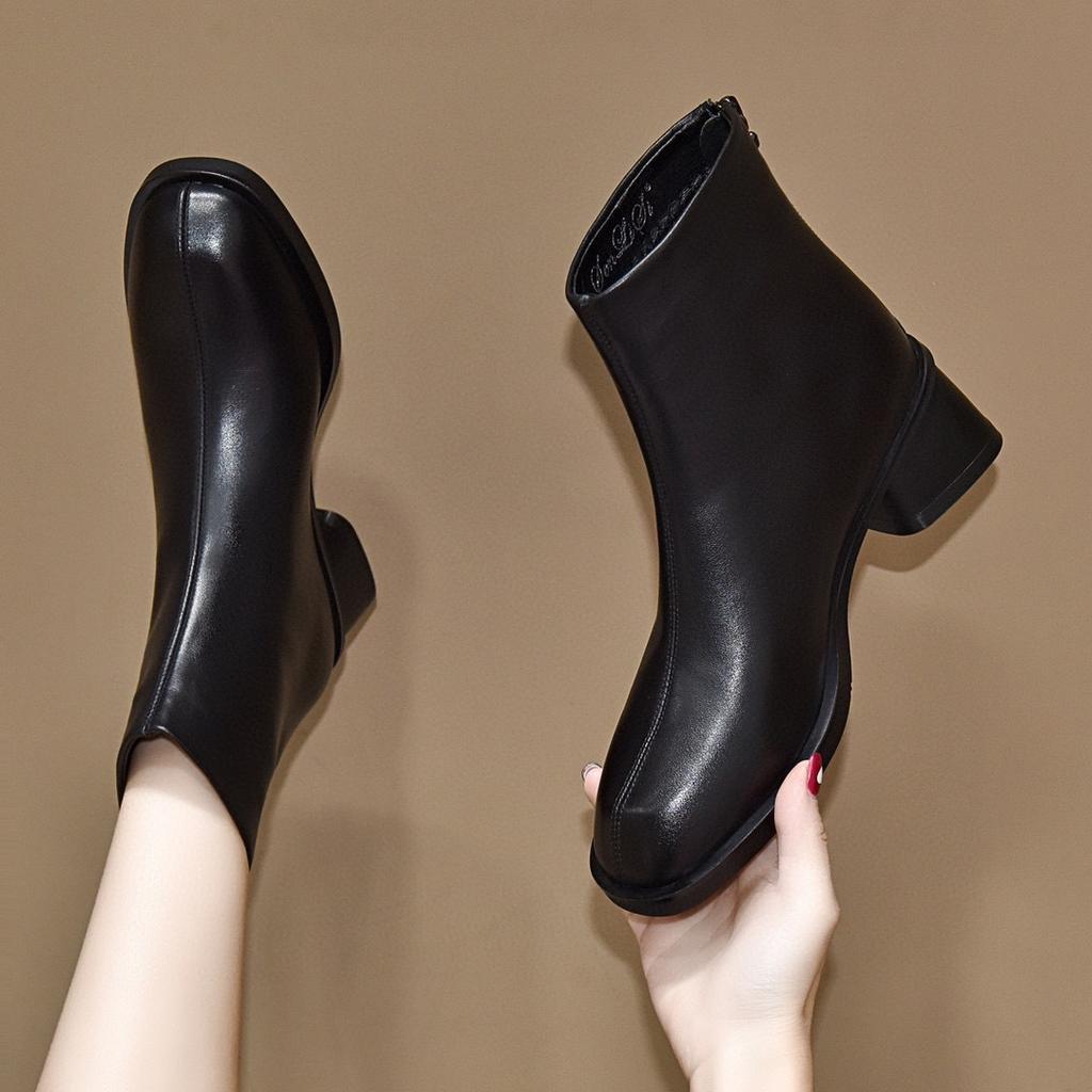Square head Chelsea boots women's 2025 European and American niche personality rear zipper basic straight boots top layer cowhide women's boots
