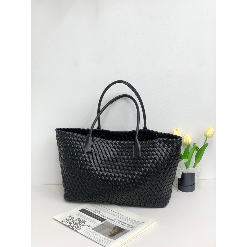 New Double-sided Woven Tote Bag Women's Genuine Leather Shoulder Handbag Large-capacity Shopping Bag Vegetable Basket Commuter Versatile