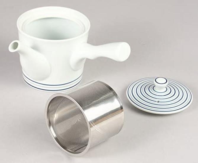 This Lightweight Teapot Features a Sleek White Base with Blue Its Diameter Is Its Capacity Is and Its Comfortable Handle Makes It Easy To It Also