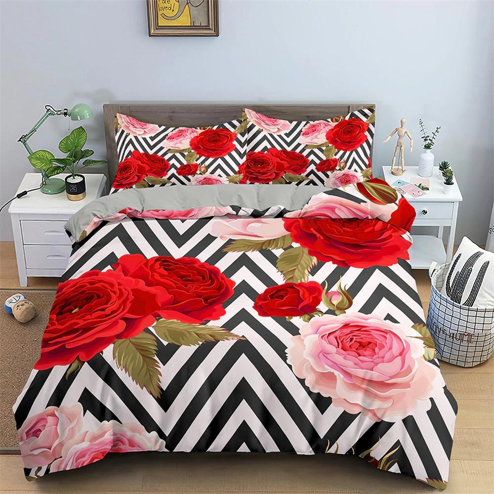 3D Creative Rose Bedding Set Valentine's Day Quilt Cover Pillowcase Bedding Single Double Bed Full Size 2/3 Pieces Microfiber