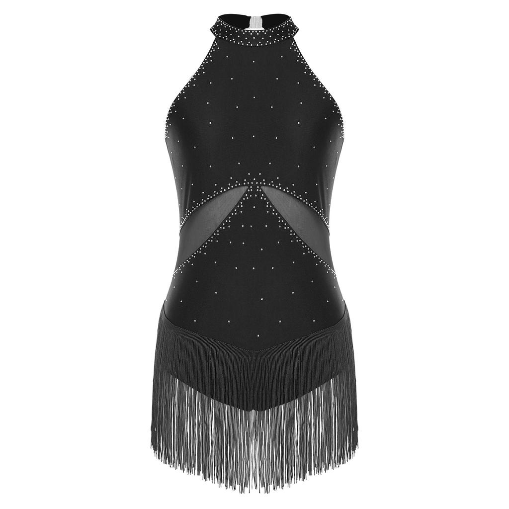 Dame Latin Dans Leotard Glitrende Rhinestone Dusker Mesh Lappverk Rygg Utklipp Bodysuit Ytelseskostyme