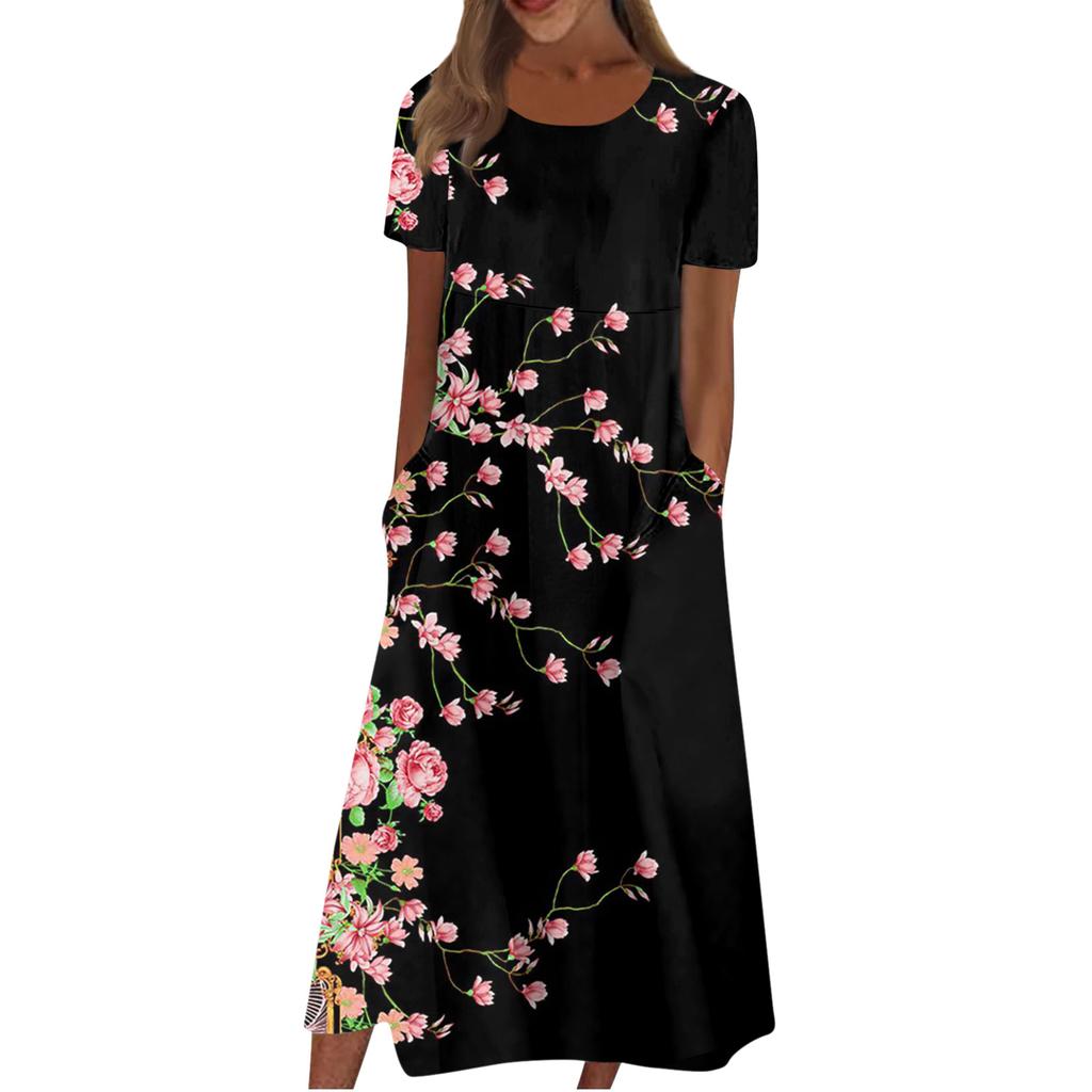 Women's Casual Dresses Printed Dresses Summer Dresses Printed Pleated Round Neck Midi Dresses Basic Classic Outdoor Daily Short Sleeve Loose Dresses
