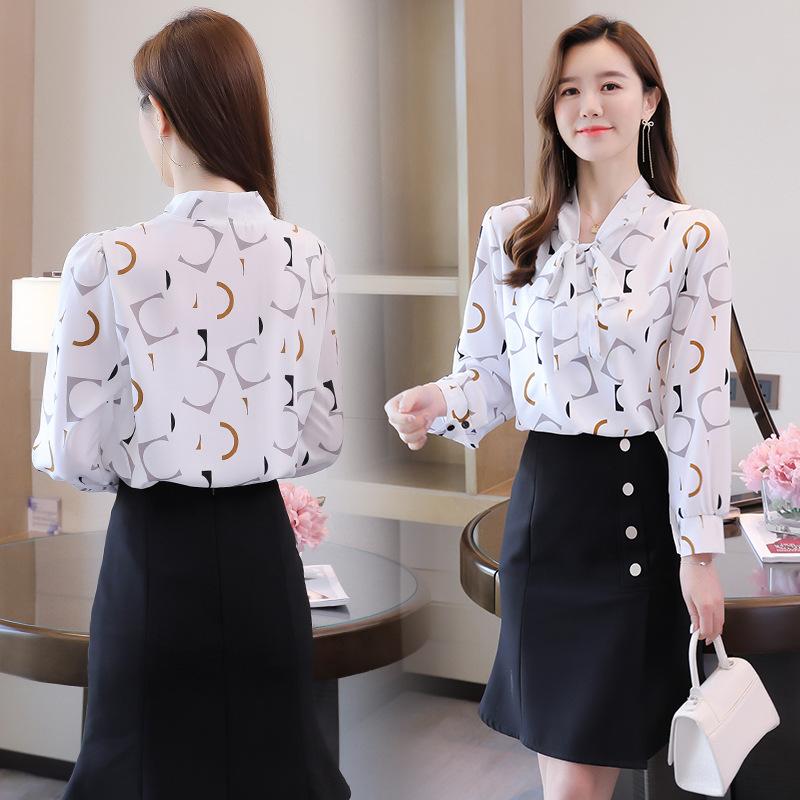 Chiffon Bow Blouse Women 2021 Office Lady Shirt Autumn Geometry Long Sleeve Tops Necktie Bowknot Pullover