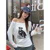 Cotton White Puppy Print Slanted Shoulder Long Sleeved T-shirt Women's Autumn Versatile Top