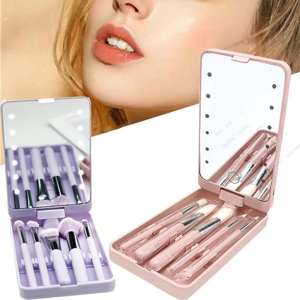 Adjustable Brightness LED Makeup Mirror Brush Set LED Lights Makeup Brush Box  Camping