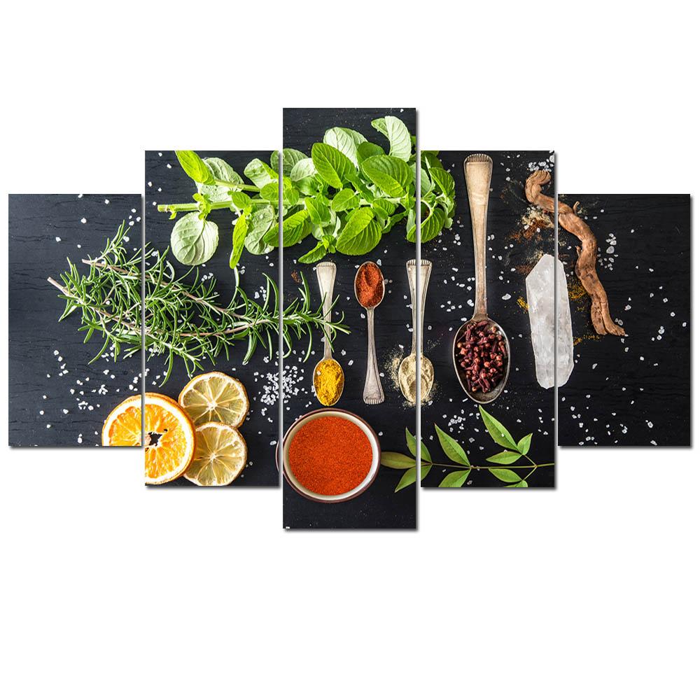 

5 шт., зерно, специи, ложка, перец, холст, картина, украшение для кухни, постеры, принты, настенные художественные фотографии для столовой, домашний декор 20x35cm*2 20x45cm*2 20x55cm*1
