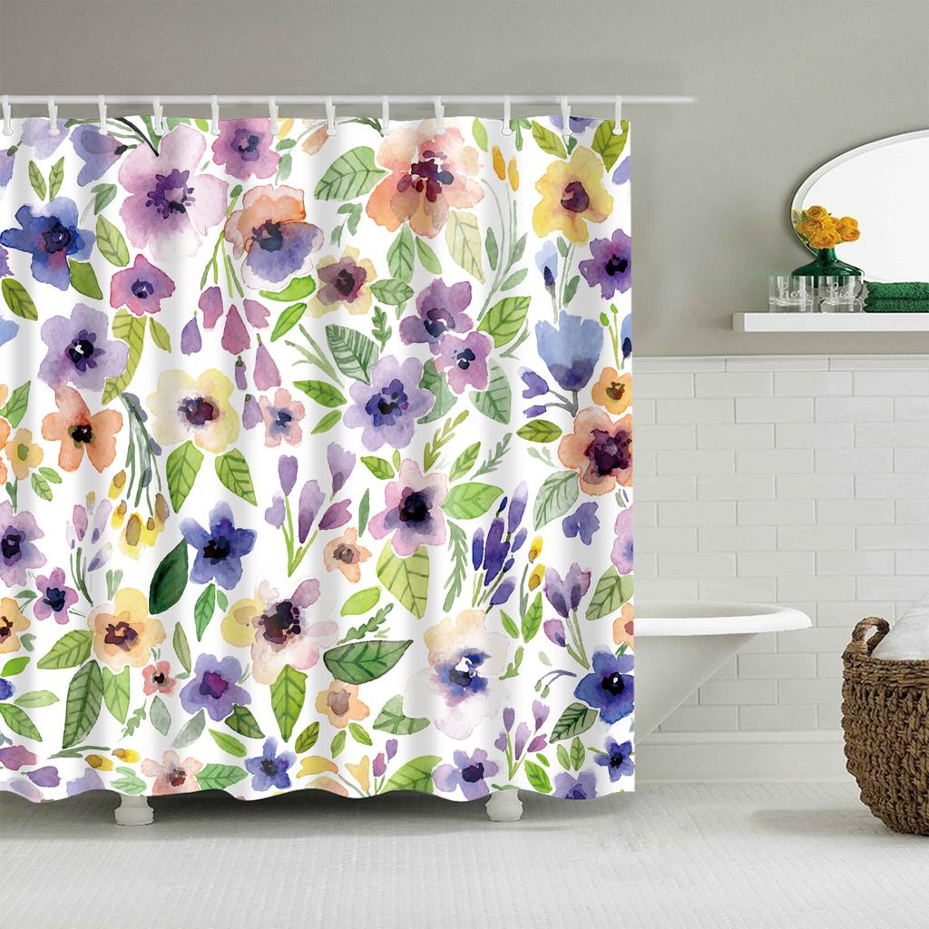 Garden Flower Shower Curtain Botanical Floral Printed Bathroom Curtain Polyester Fabric Home Decor Bathtub Screen with Hooks