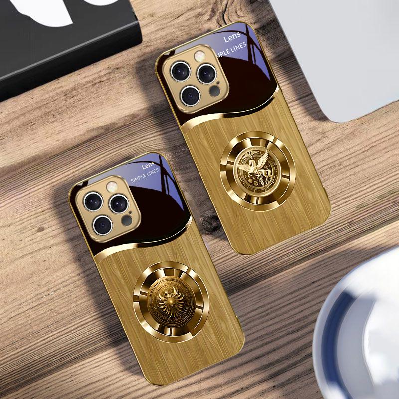 Metal retro pattern For IPhone 16 16Pro Max 15 P ro 14 13 Plus 12 Mini 11Pro Max XS Max XR 16E 14Plus X Golden glass phone case