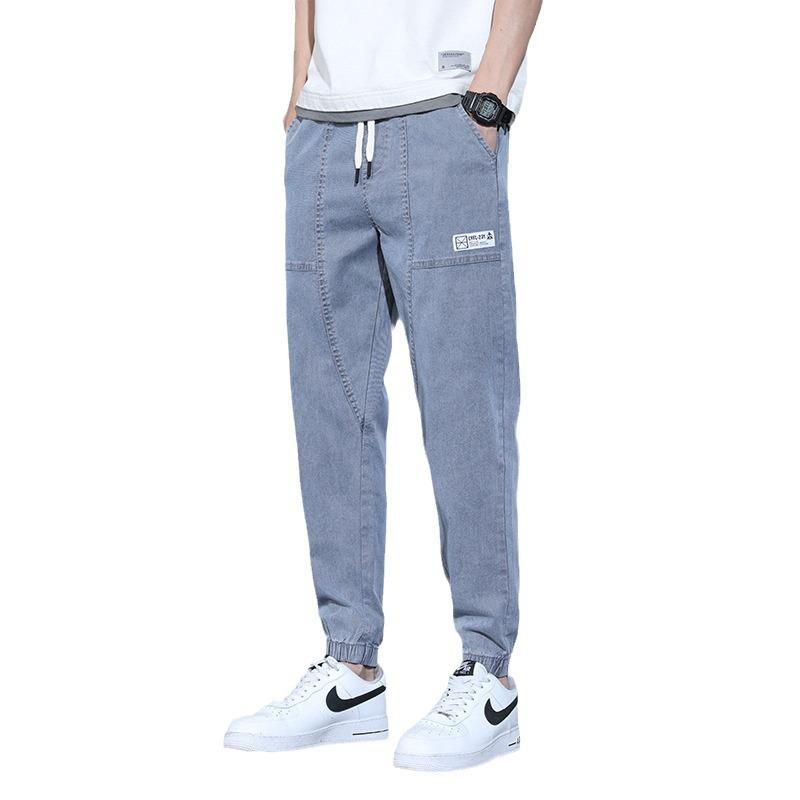 Jeans men's spring and summer Korean version ins trendy brand loose large size leggings fashion labeling elastic waist casual pants