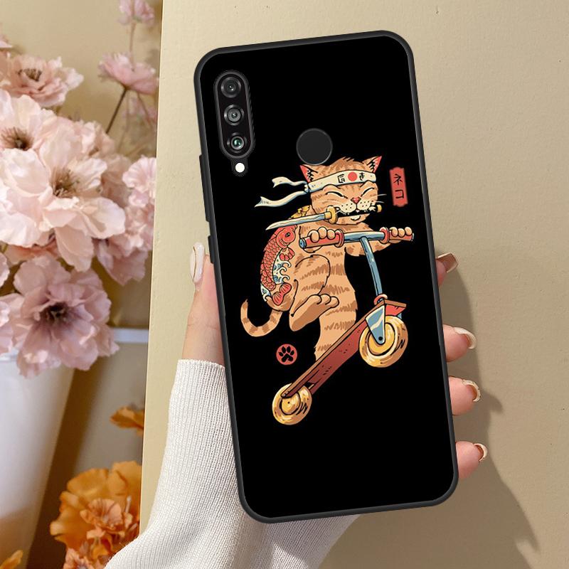 Ukiyo-e Kot Samuraj Neko Ramen Etui Dla Huawei P40 Lite P20 P50 P30 Pro P Smart Z 2019 Nova 5T Pokrowiec Dla Honor 50 Etui