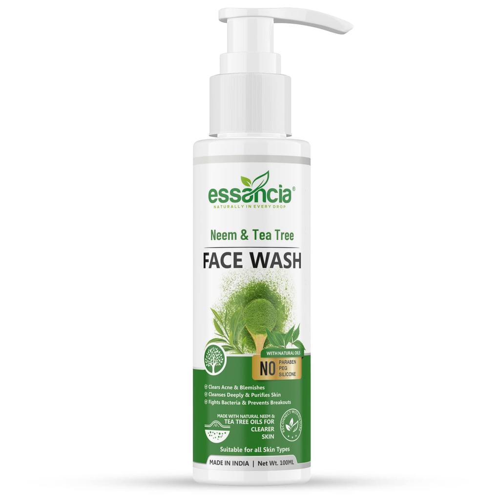 Essancia Neem & Tea Tree Face Wash - Cleanses & Purifies Skin, Fights Acne & Pimples | No Paraben No Silicones | For Men & Women (100ml)