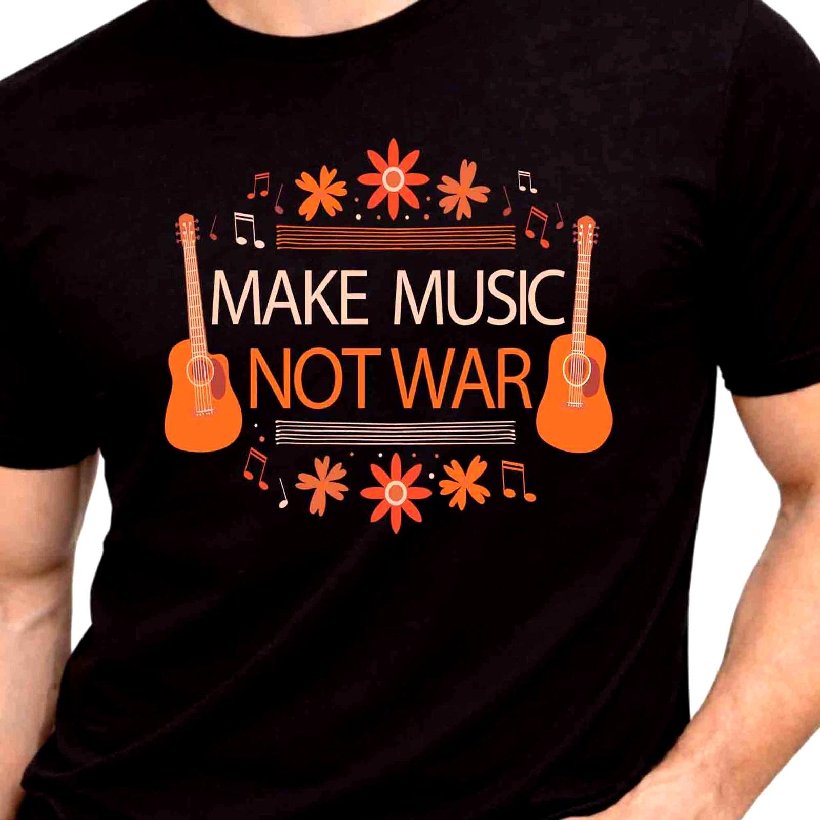 Make Music Not War Graphic T-Shirt Peace Music Guitar Lover Hippie Festival Tee M