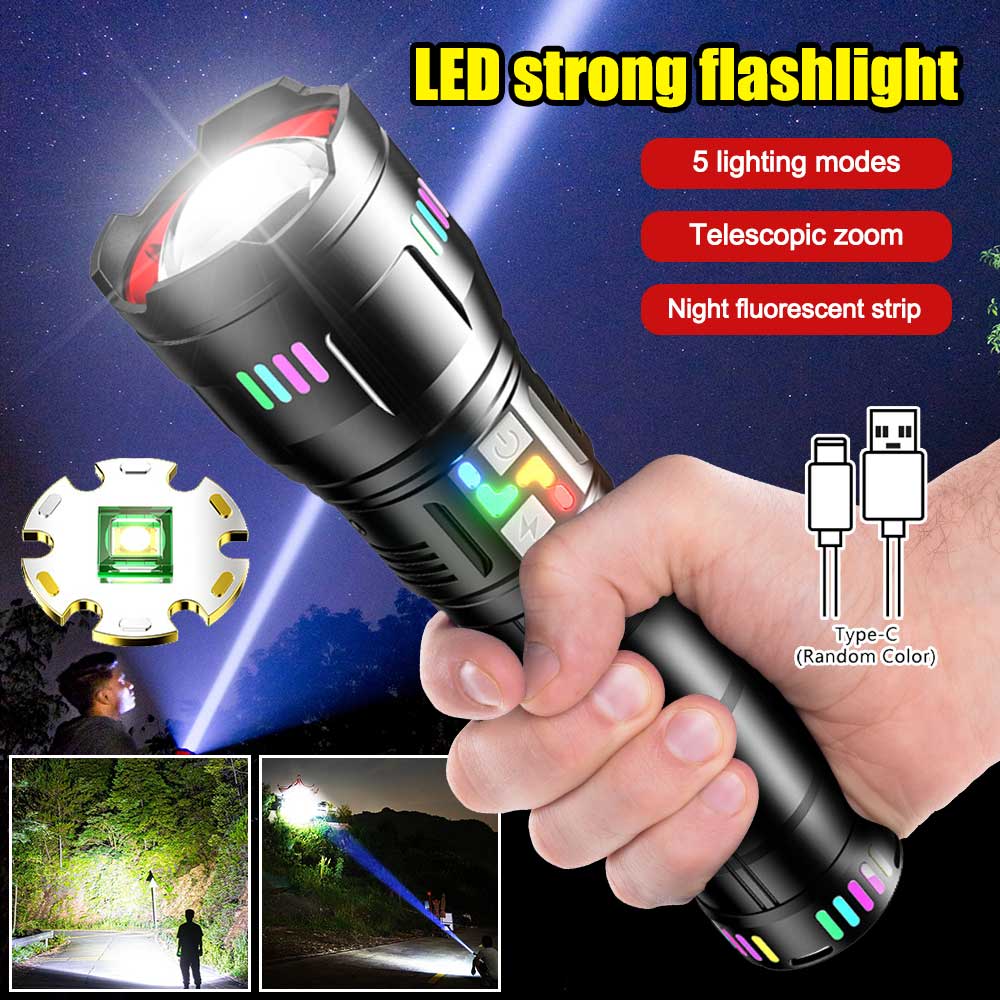 High Power LED Flashlight Zoomable Type-C Rechargeable Torch Lamp Long Range Ultra Powerful Flashlight Camping Lantern