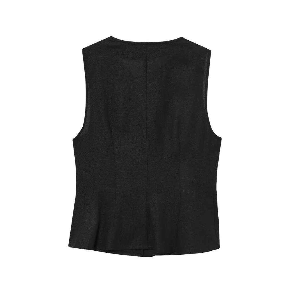 2025 Women's Summer Linen Blend Double-Breasted Vest & Wide-Leg Pants Fashion Set