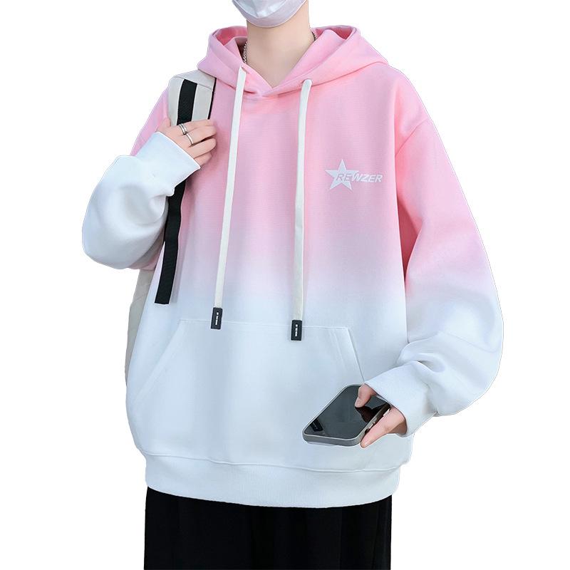 Men's Fleece-Lined Gradient Crew Neck Long-Sleeve T-Shirt: Loose, Casual, Trendy Style for Teenagers—Perfect for Autumn and Winter.