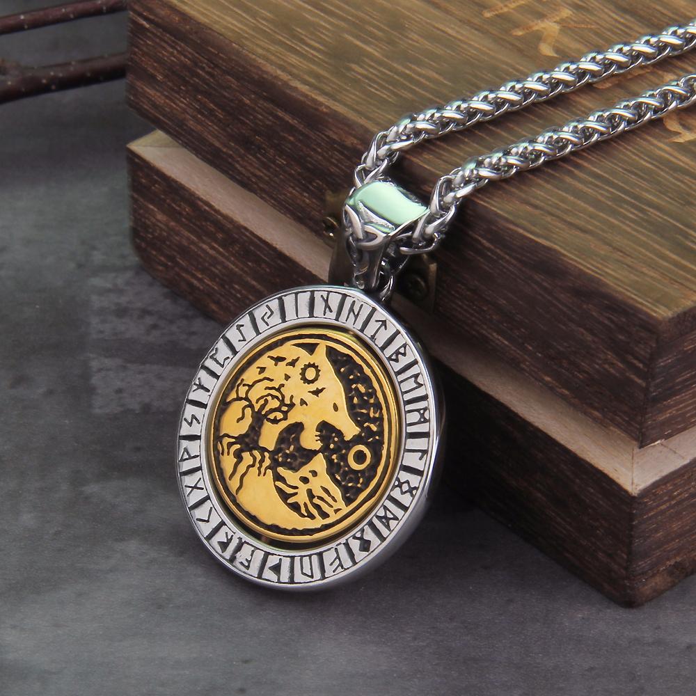 

Rotating Wolf Viking Rune Necklace Stainless Steel Chain Tree of Life Pendant Men Gift with Wooden Box 50cm