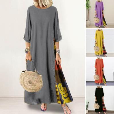 Damen Sommer Herbst Kleid Retro Print Patchwork Rundhals Farblich passende Dreiviertelärmel A-Linie Big Saum Lady Maxikleid