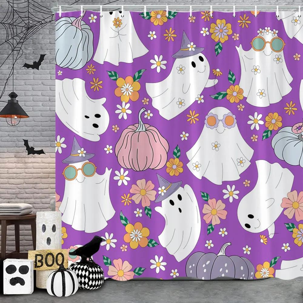 Pink Cute Halloween Shower Curtain Ghost Pumpkin Bat Skull Polyester Fabric Kids Shower Curtain Girls Bathroom Decor Strap Hooks