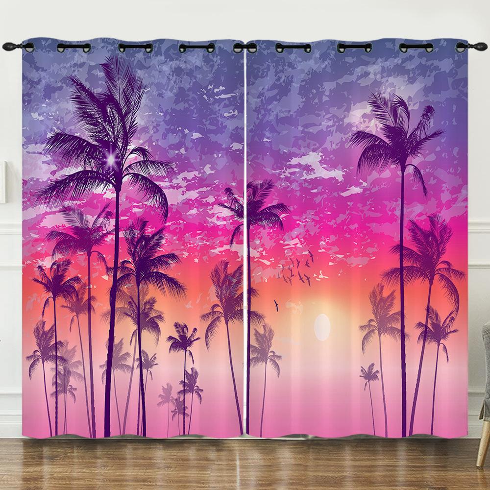Curtain Summer Coconut Tree Sunset Landscape 3D Digital Printing Blackout Curtain Punching