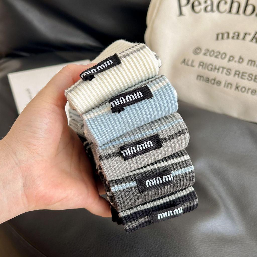 Miu-Style Striped Combed Cotton Mid-Calf Socks - Fashionable, Versatile Women's Autumn/Winter Socks