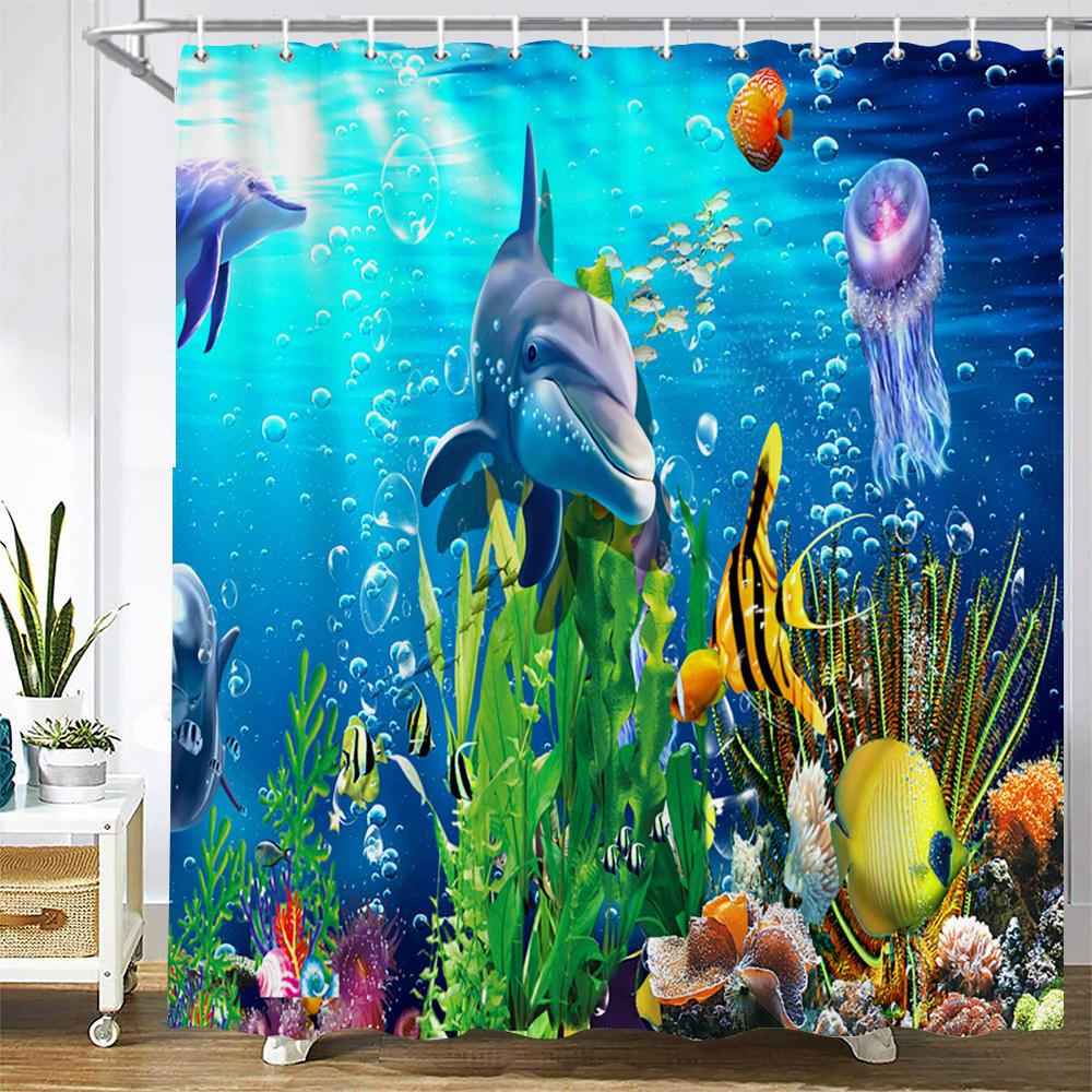 Cartoon Ocean Dolphin Shower Curtain,Waterproof Bathroom Screen Sea Animal Shower Curtain Polyester High Quality Home Curtain