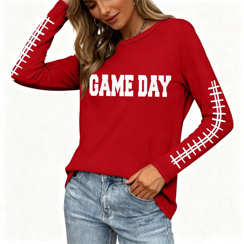 Women's Casual Long Sleeve Rugby Print Neck Top with Split Hem for Everyday Wear