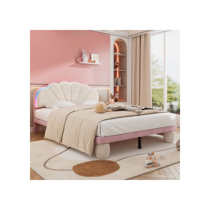 Lit rembourré avec bandes lumineuses multicolores interchangeables, velours, beige + rose, 140x200 cm