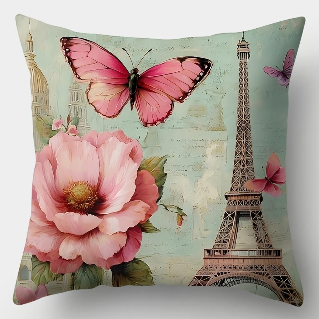 Romantic Paris Eiffel Tower & Pink Car PillowcaseLiving room sofa cushion cover, soft and comfortable, bedroom room decoration