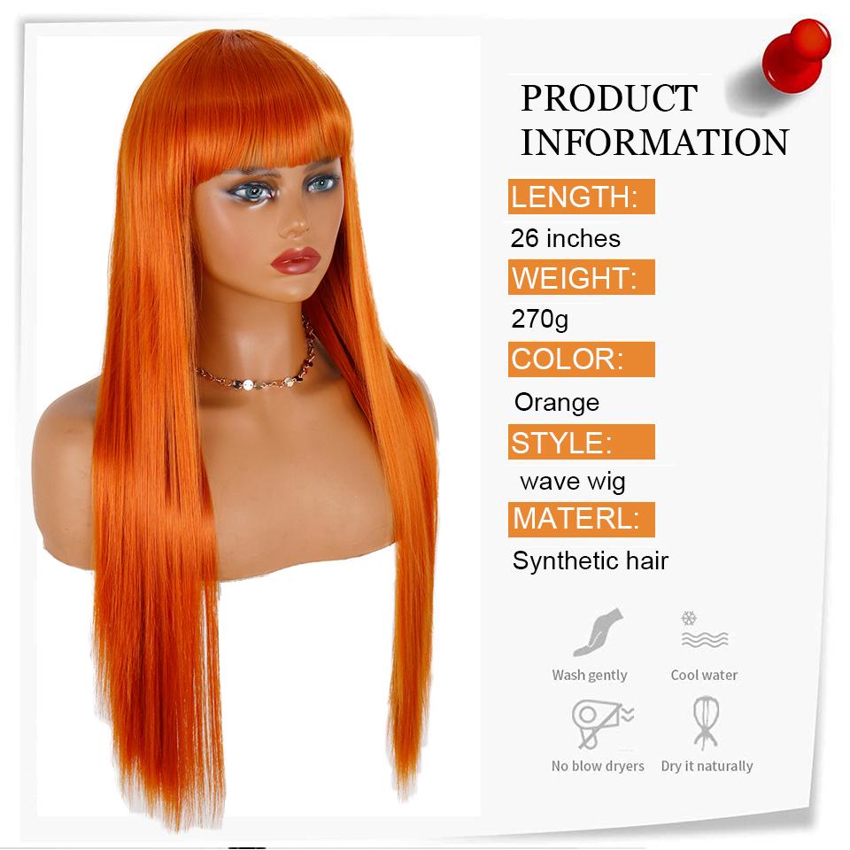 MERISIHAIR Dlouhá rovná oranžová paruka s ofinou Paruka ze syntetických tepelně odolných vláken pro ženy Přírodní vlasy na cosplay párty