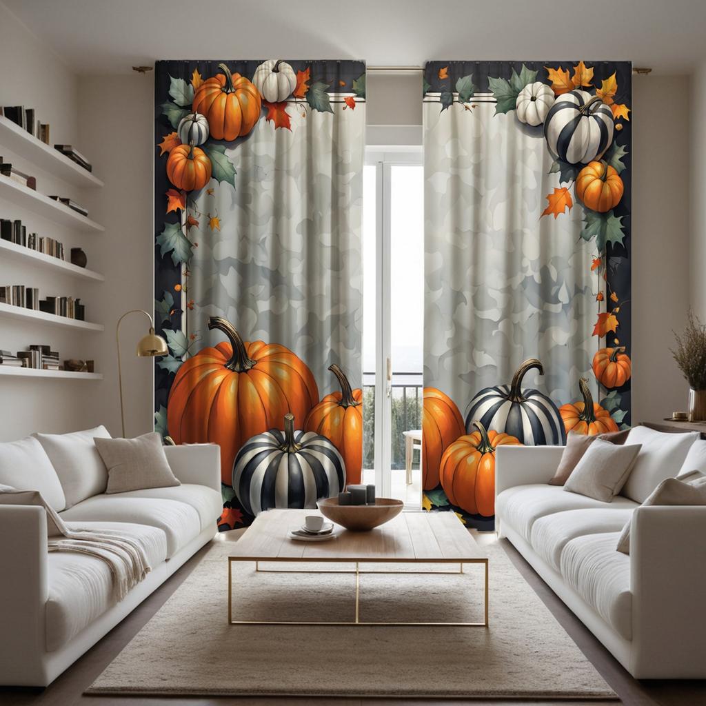 2PCS  HD Digital Curtain Printed Gray Tie Halloween Pumpkin Maple Leaf Home Decor Style Decorate Living Room Bedroom Wear Rod