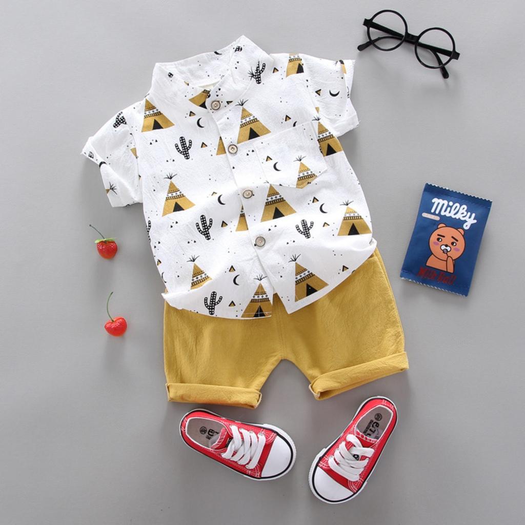 Summer Printed Pyramid Shirt Short Sleeved Shorts Set for Male and Female Infants and Young Children