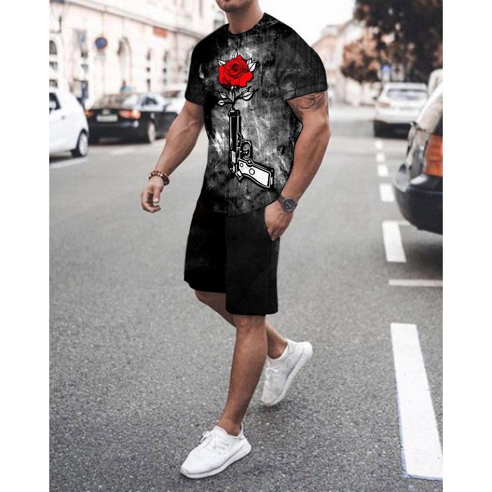Herren Anzug O-Ausschnitt T-Shirt Shorts Sportbekleidung 2-teiliges Set Jogging Fitness Herrenkleidung Streetwear Trainingsanzug Sommer Strandstil