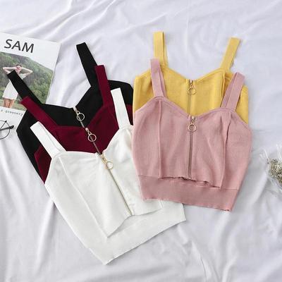 Y2K – Camisoles tricotées avec fermeture éclair pour femme, haut court avec trou, été
