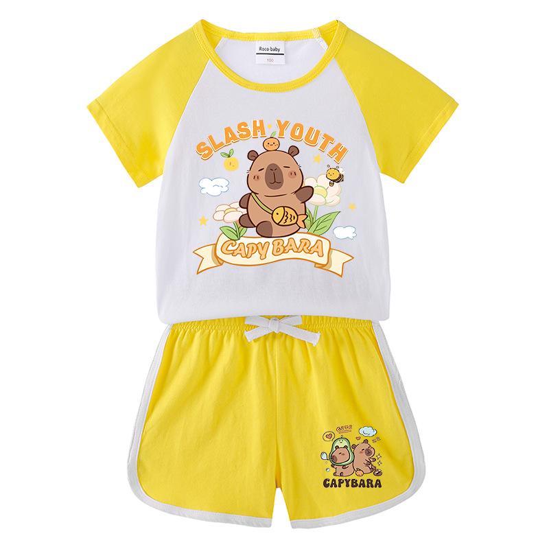 Kids' Summer Color Block Two-Piece Set: Casual T-shirt & Shorts