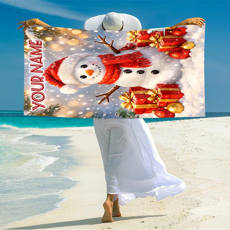 1PC Custom Name Christmas Snowman Gifts Scene Beach Towel Highly Absorbent And Sand-Resistant Towel for Swimming, Pool, Yoga, And Travel Lightweight