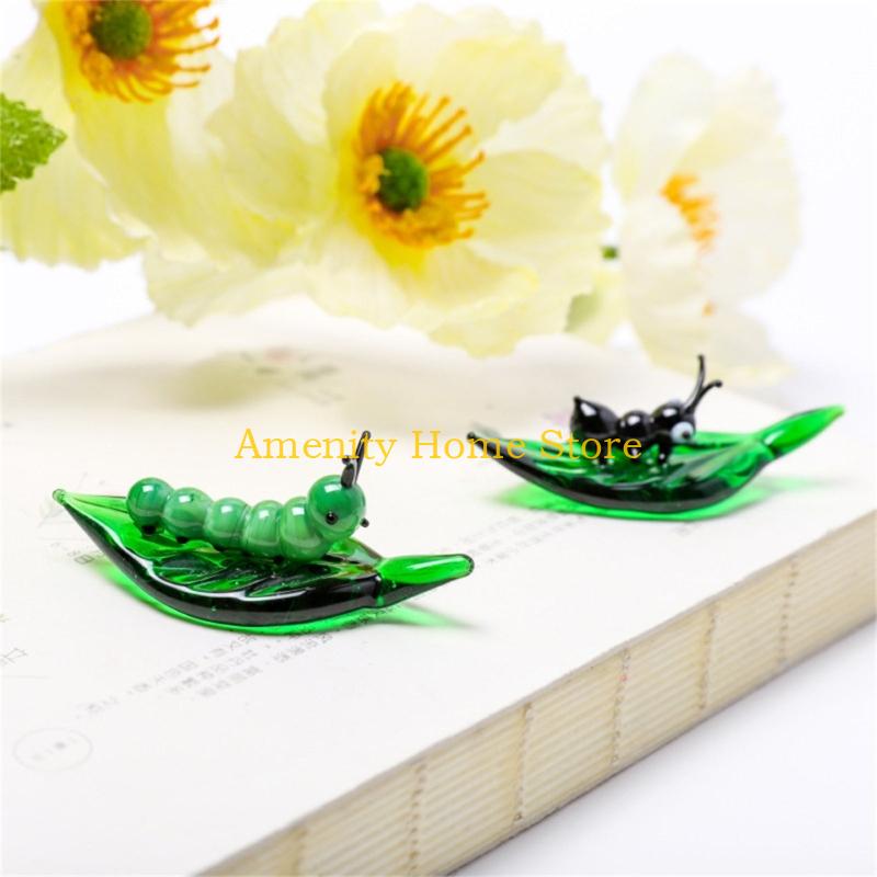F26C Art Glass Insect Miniature Animals Collection Glass Green Leaf Ladybugs Ants Figurine Tabletop Ornament Home Office Decors
