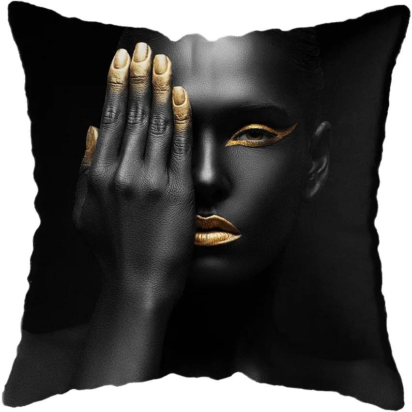 Modern Living Room Black Gold African Lady Woman Style Look Art Deco Sofa Pillowcase Cushion Cover