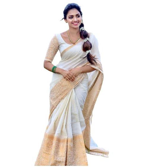 RSINC Kanjivaram Tradycyjny Jedwabny Sari w Południowoindyjskim Stylu dla Kobiet Biało-złoty B0BF5NZ9T1