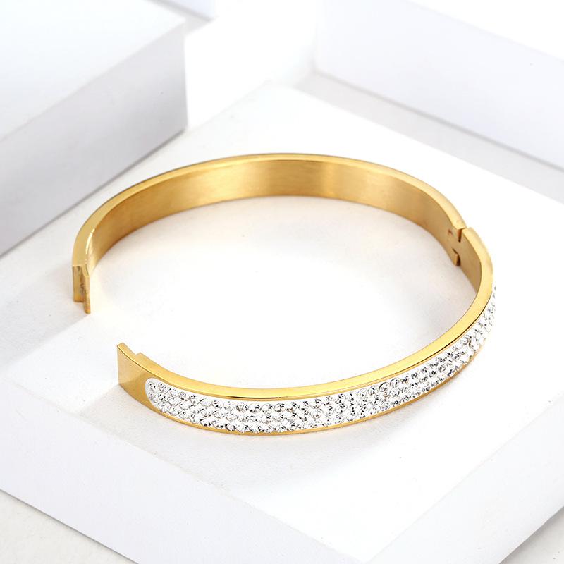 18K Gold-Plated Titanium Steel Diamond Bangle for Women & Men's Open Bracelet