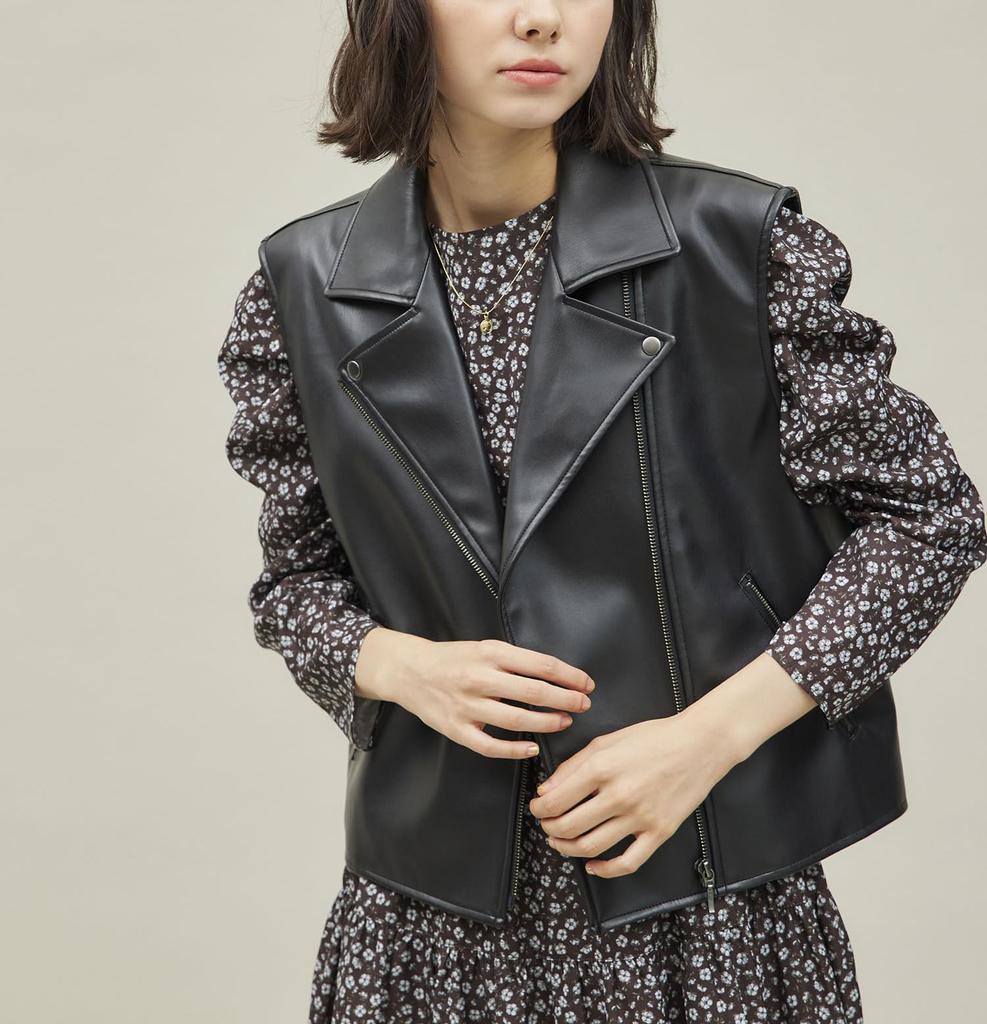 ROPE PICNIC Synthetic Leather Sleeveless Jacket GSV54000 Black Women's (01)